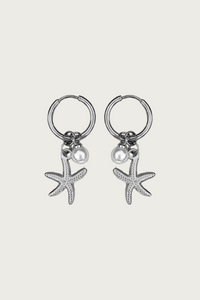 Zilveren zeester oorbellen met parel van Fencyjewels – zomerse Ibiza sieraden, roestvrij staal, strand look.