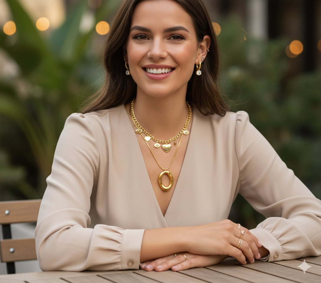 Lachend model met een complete ear-party, gestapelde gouden kettingen met hangers en ringen van Fency Jewels - Sieradentrends 2026