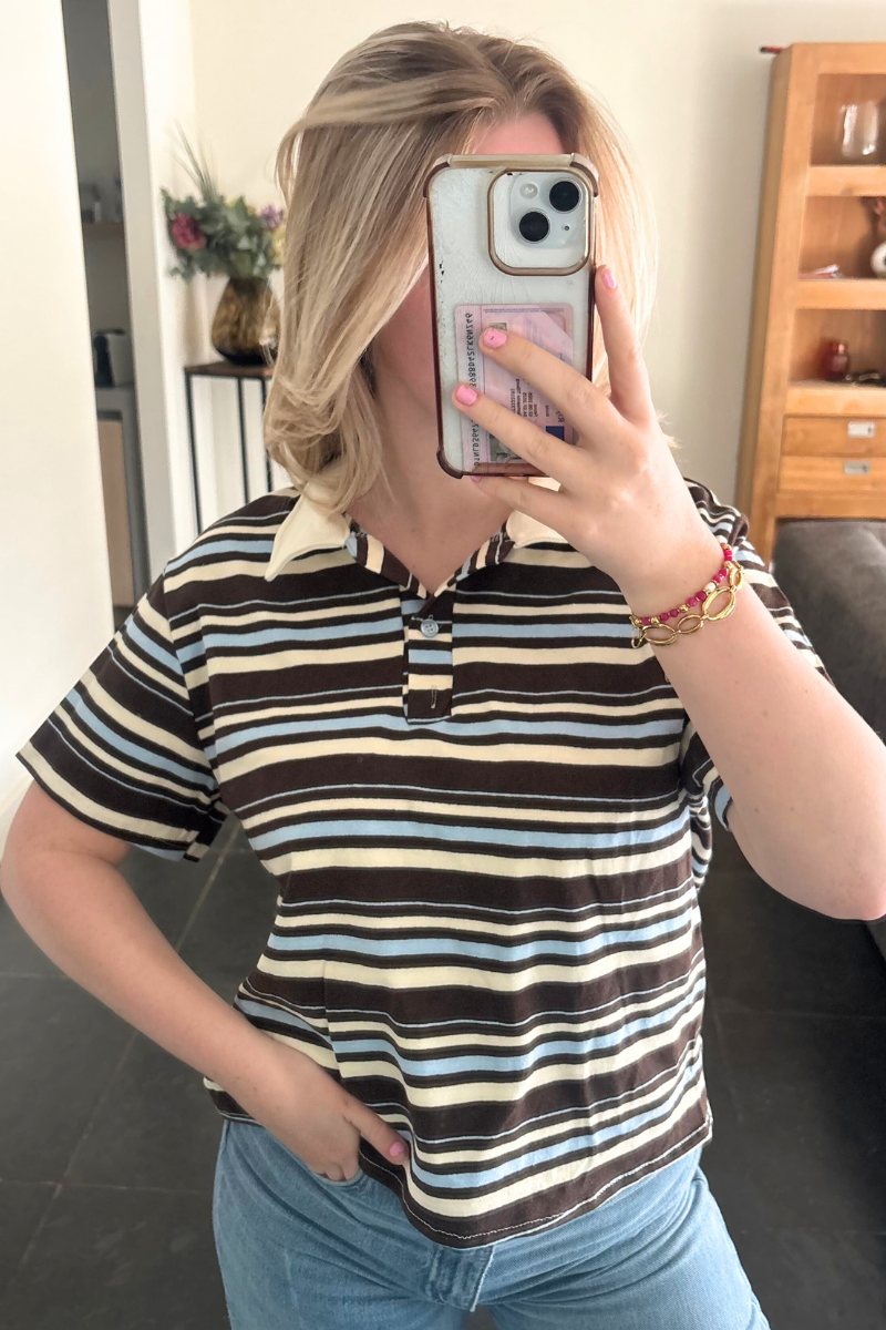 Shortsleeve polo bruin met lichtblauw Fencyjewels