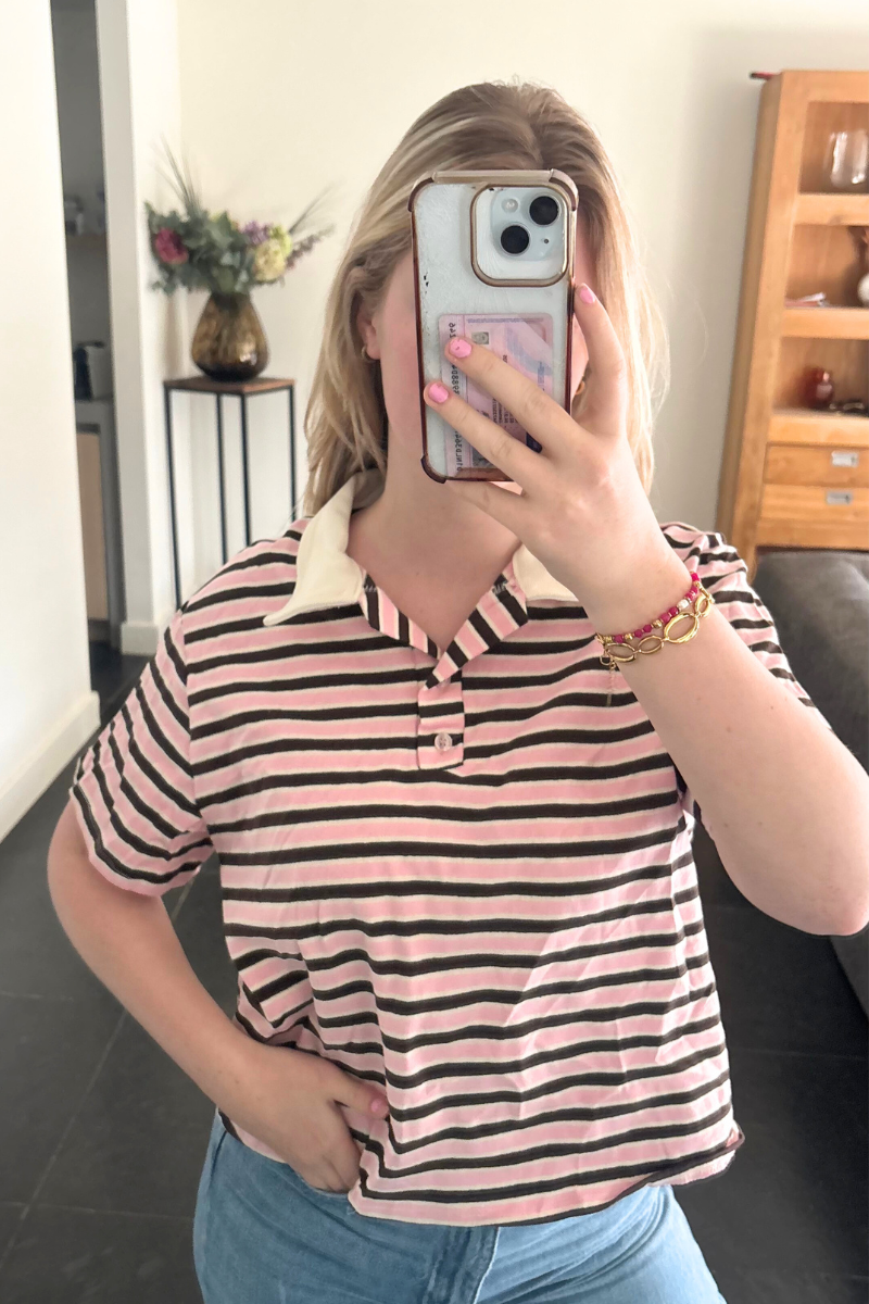 Shortsleeve polo bruin met roze Fencyjewels