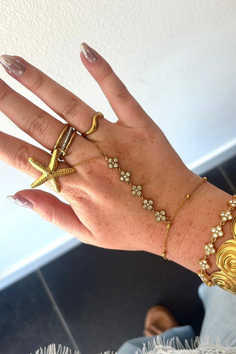 Gouden Flower handchain van Fencyjewels gedragen om de hand met verfijnde bloemdetails tussen pols en vinger.