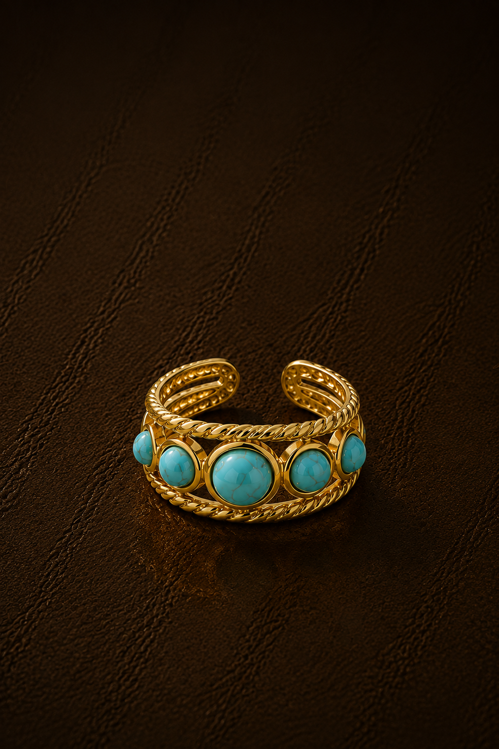 Gouden verstelbare Rosalie ring van Fencyjewels met turquoise stenen en verfijnde details.