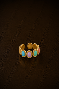 Gouden verstelbare Sorbet ring van Fencyjewels met multicolor details in roze, blauw, groen en pasteltinten.