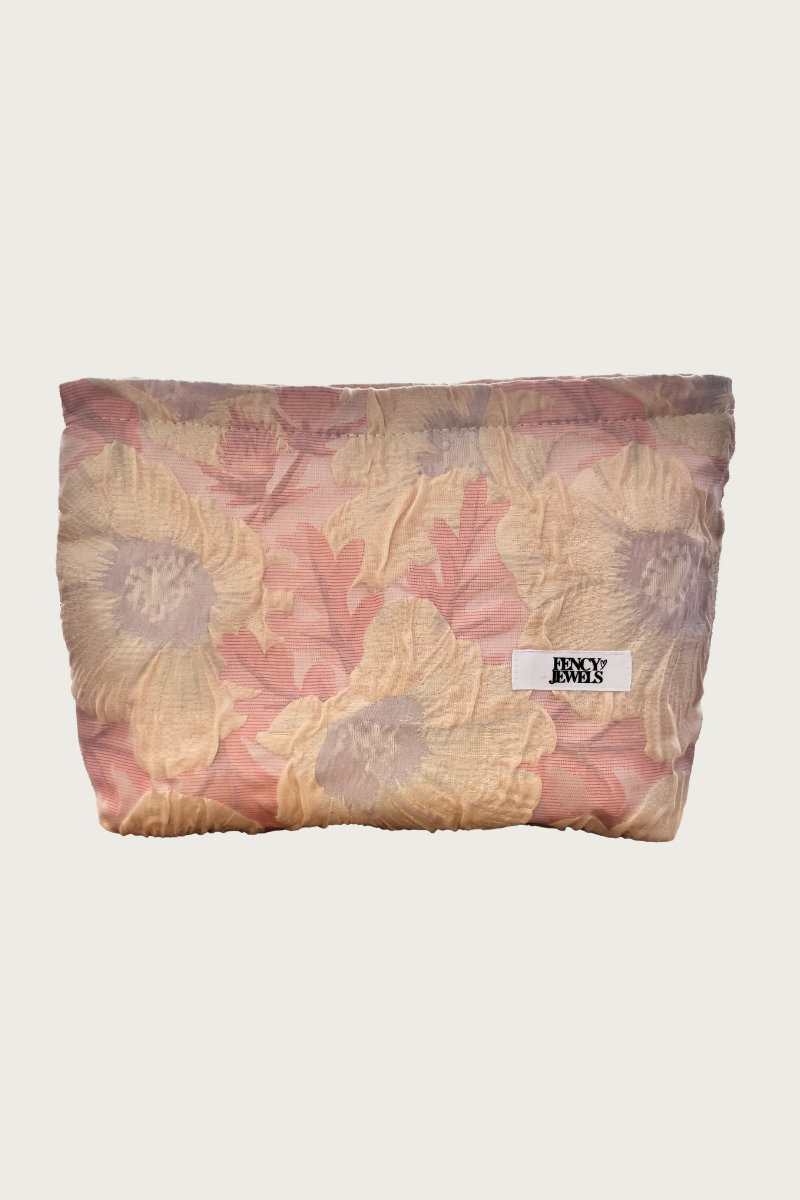 Fency Toilettas van Fencyjewels met roze en beige bloemenprint, ideaal om sieraden of make-up in te bewaren, een stijlvolle en trendy accessoire voor elke gelegenheid.