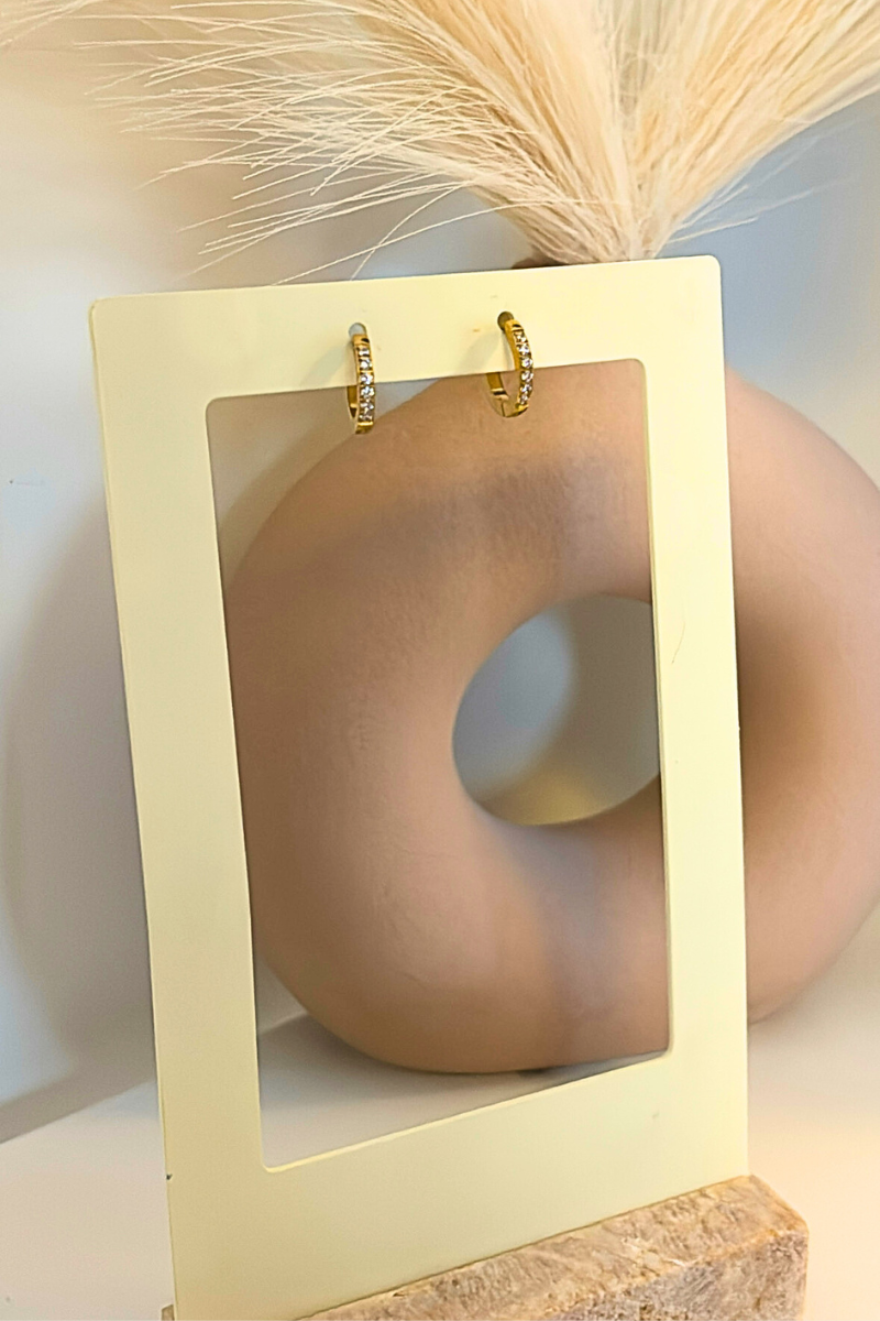 Everyday shine oorbellen van Fencyjewels in goudkleur op display. Minimalistische oorbellen van stainless steel, waterproof en perfect voor dagelijks gebruik.