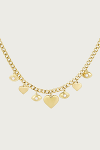 Gouden stainless steel ketting met oog- en hartjesbedels van Fencyjewels, verkleurt niet.