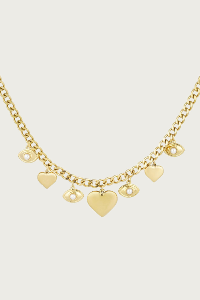 Gouden stainless steel ketting met oog- en hartjesbedels van Fencyjewels, verkleurt niet.