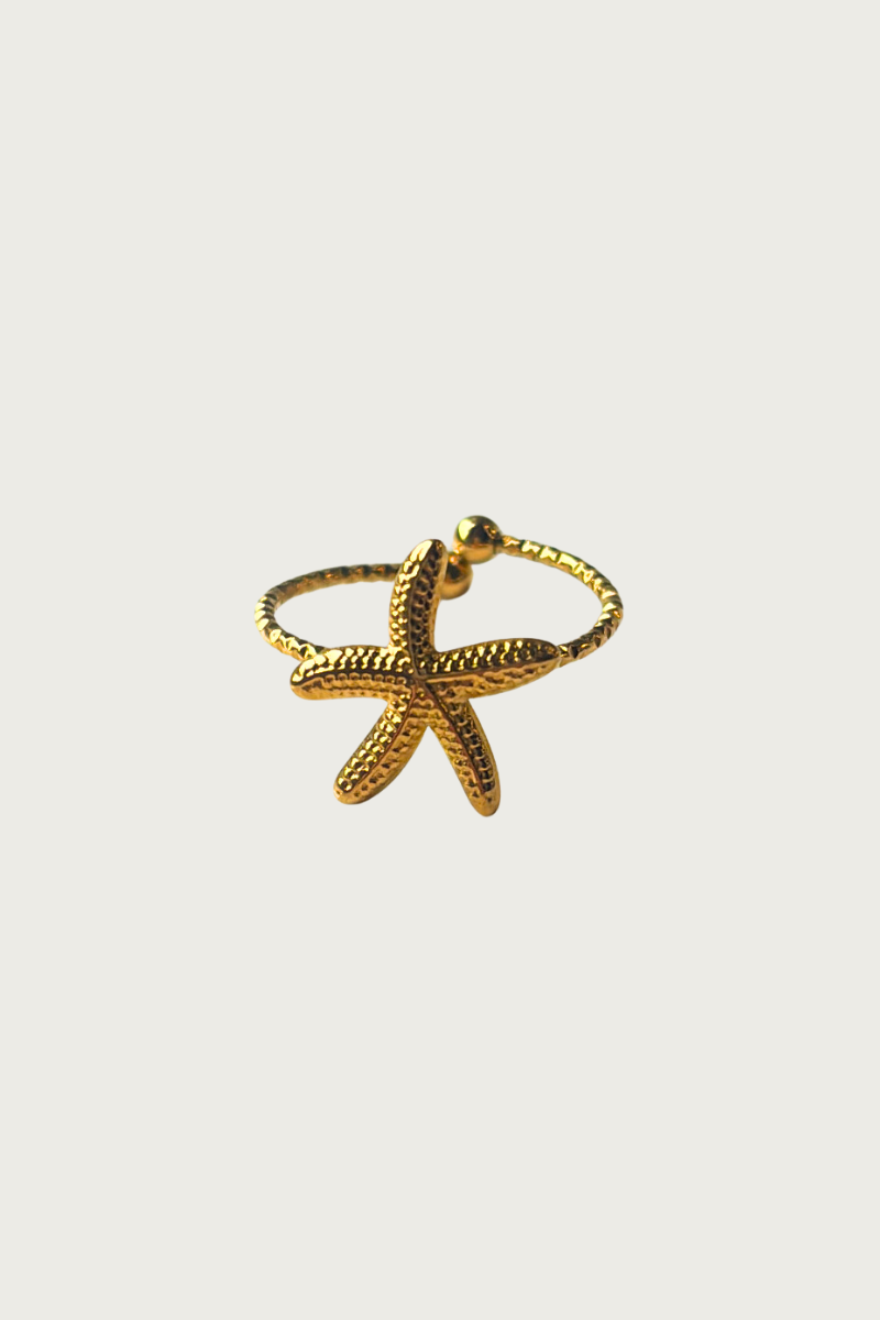 Goudkleurige zeester ring van Fencyjewels – verstelbare roestvrijstalen ring met gedetailleerde zeester, zomers en elegant design voor dames.