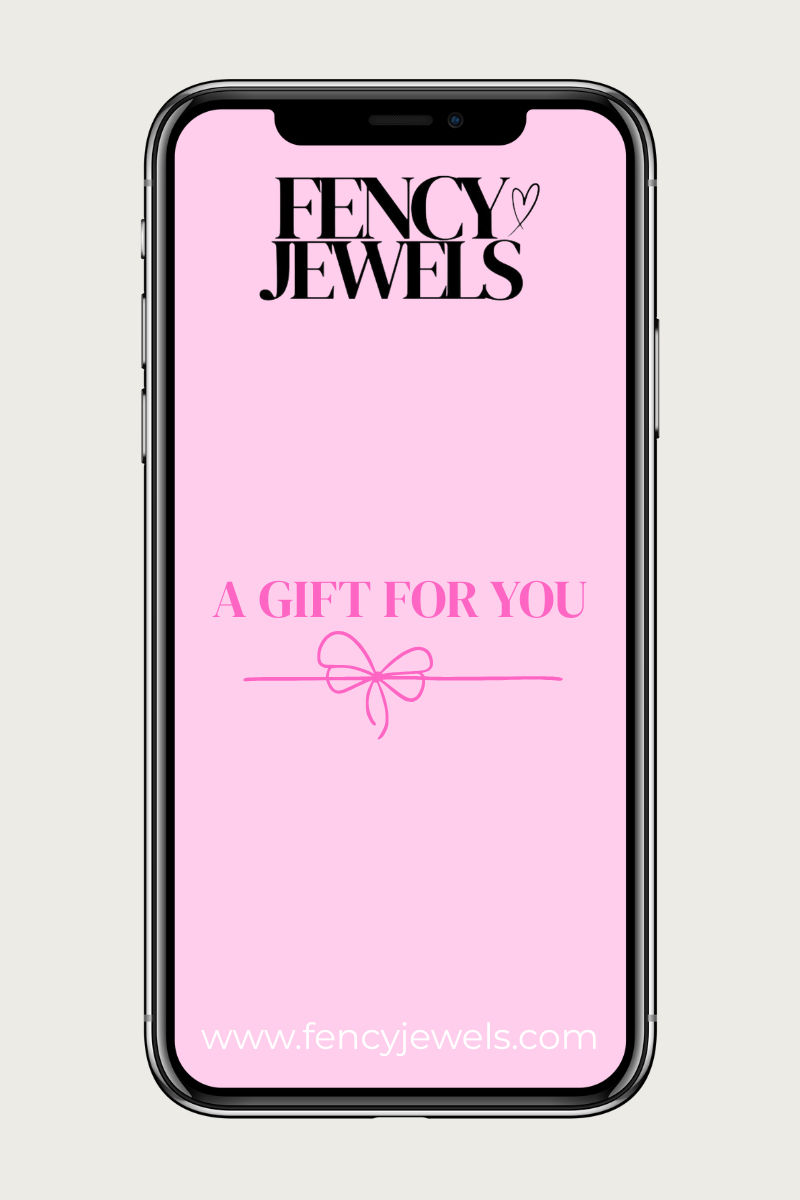 Digitale cadeaubon van Fencyjewels – roze giftcard met strik en tekst “A Gift For You”, ideaal om sieraden cadeau te geven via www.fencyjewels.com
.