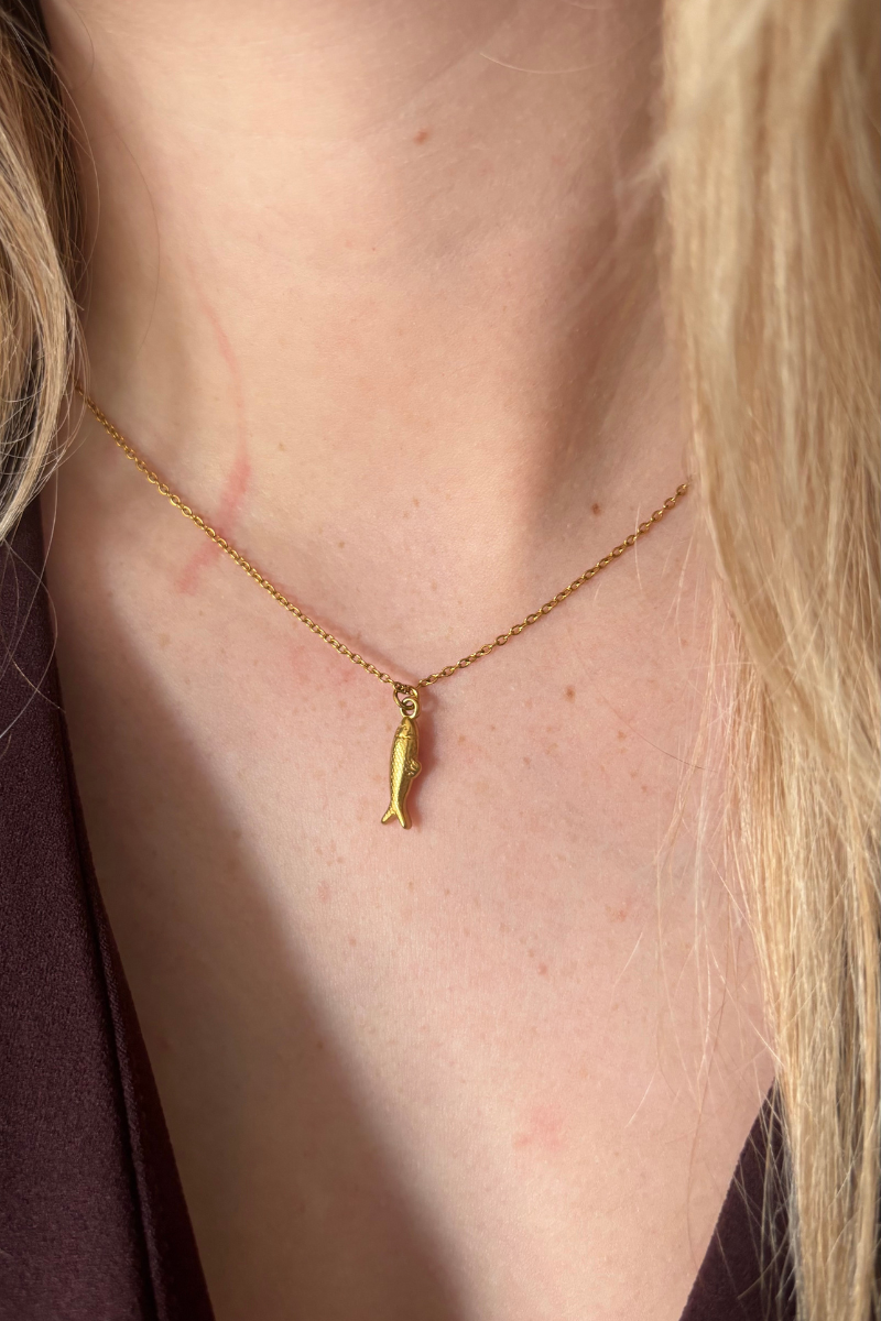 Fencyjewels gouden ketting met visbedel – minimalistische damesketting met goudkleurige hanger in de vorm van een vis, perfect voor een zomerse en elegante look.