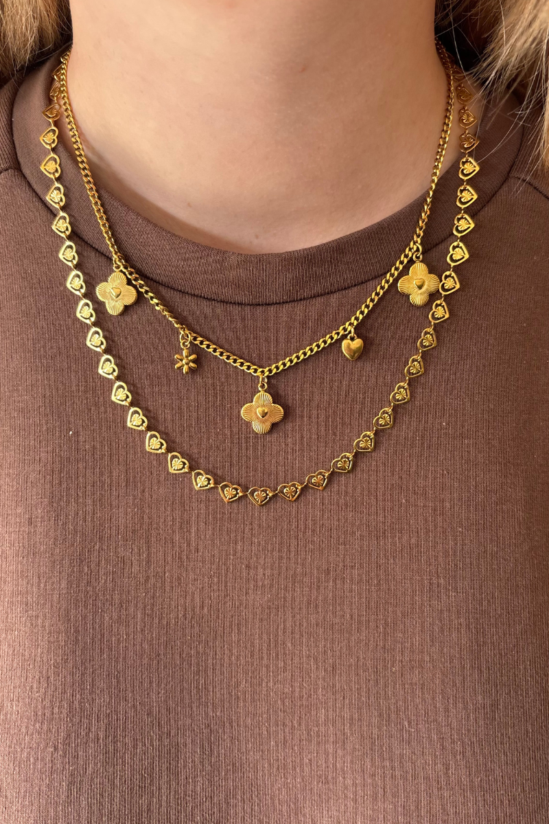 Fencyjewels gouden kettingen met hartjes en bloemvormige hangers. Trendy layered necklaces met gold plated details voor een elegante en romantische look.