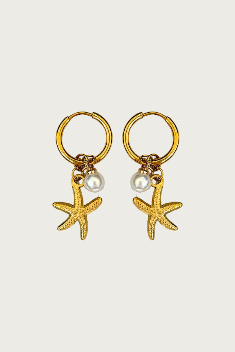Gouden zeester oorbellen met parel van Fencyjewels – zomerse Ibiza sieraden, roestvrij staal, strand look.